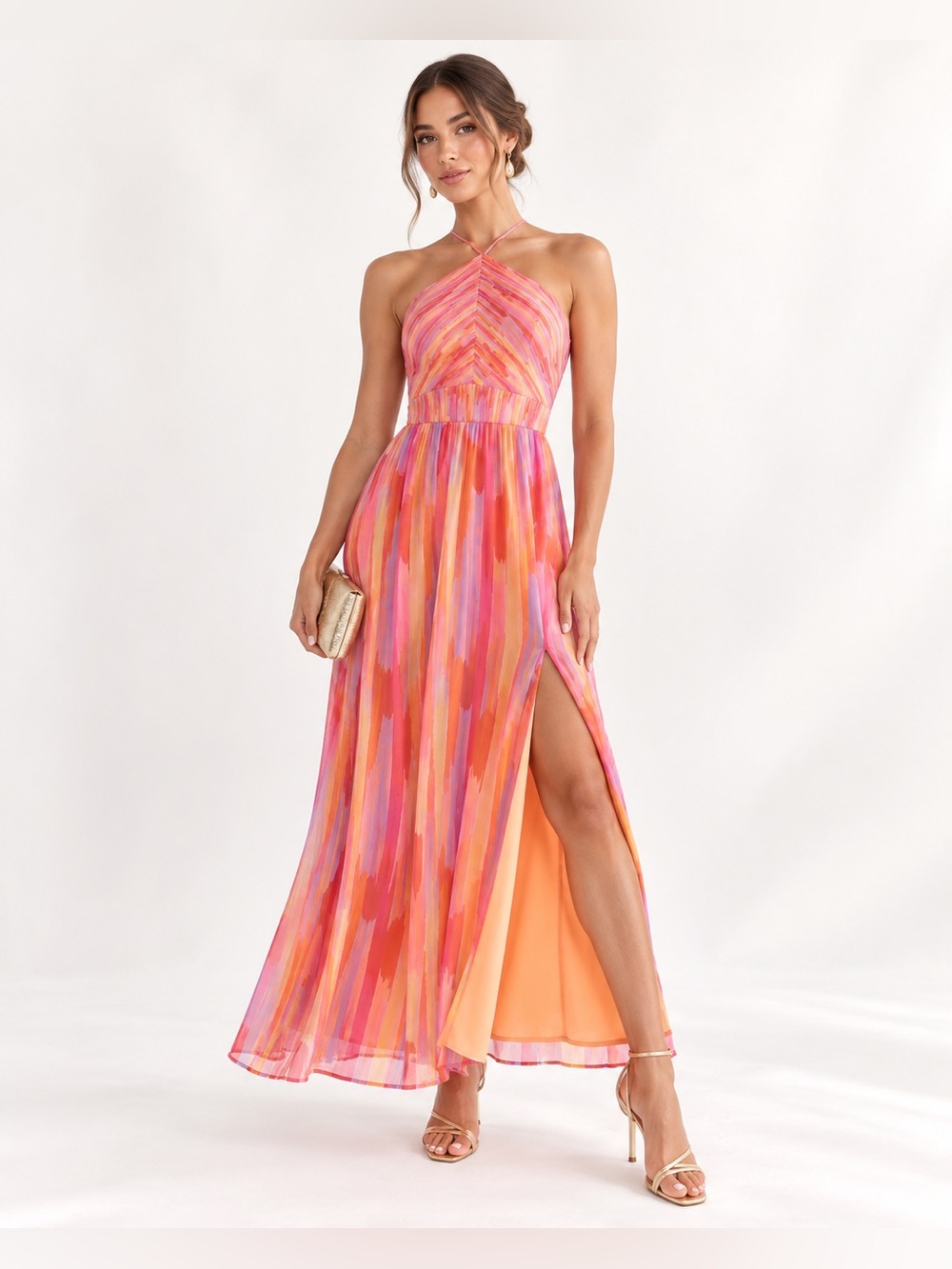 Multicolor striped halter leg slit maxi dress S resort vacation wedding guest